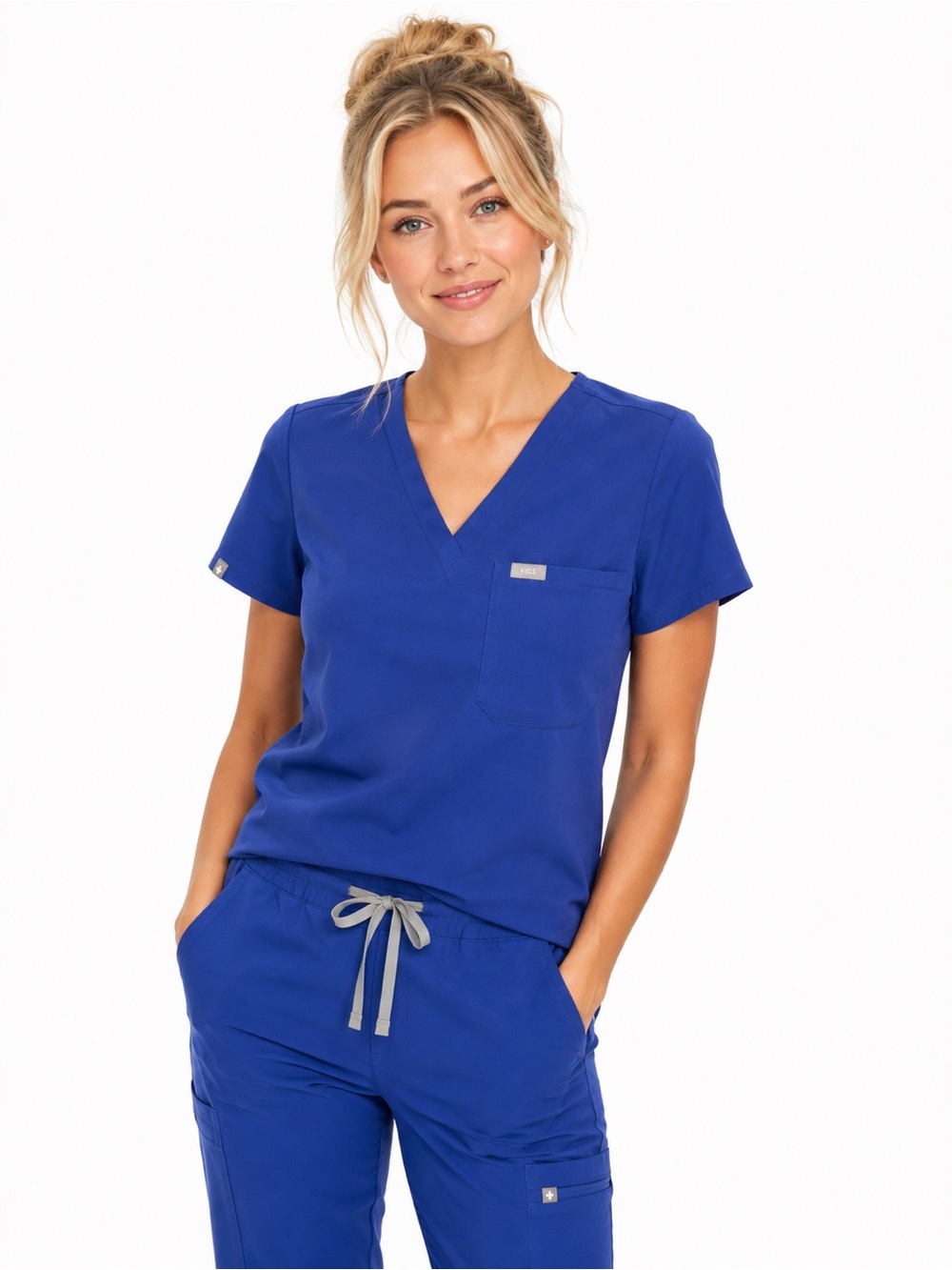 Figs Technical Collection Size XS Royal Blue V-Neck Medical Scrub Top